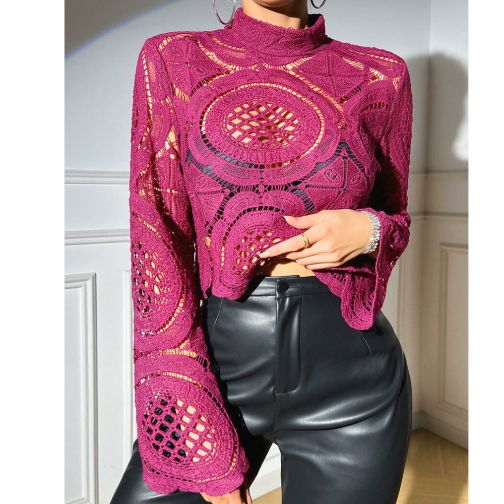 High Neck Floral Semi Sheer Flared Sleeve Cropped Top - Picture 6 of 9